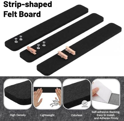 Thboxes 8 Pack Felt Bulletin Board Strips, 13x2 Inch Self Adhesive Felt Pin Boards with 50 Pushpins and 10 Wooden Clips Push Pins, Cork Board for Walls Home Office Decor(Black)