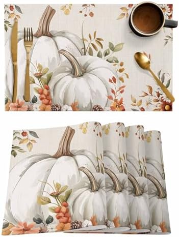 Fall Floral Leaves Placemats Set of 6, Thanksgiving Pumpkins Heat Resistant Washable Table Place Mats Boho Cotton Table Linens Party Holiday Decorations for Home Kitchen Dining Table Outdoor Indoor,