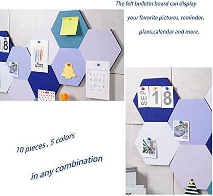 10Pcs Self Adhesive Felt Board Tiles Hexagon Bulletin Board for Walls, Felt Cork Pin Board for Pictures Photos Memos with Push Pins (Color C)