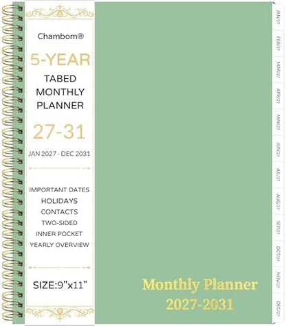 2027-2031 Monthly Planner, 5 Year Monthly Planner/Calendar 2027-2031, 60-Month Jan 2027 – Dec 2031, 9" x 11", Tabs, Double-Side Pocket, Holidays, Thick Paper - Green
