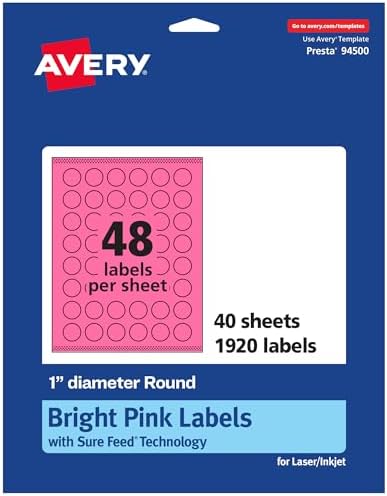Avery Printable Round Labels, Sure Feed Technology, 1" Diameter, Bright Pink Labels, Print-to-the-Edge, Laser/Inkjet, 1,920 Total, Great for Price Stickers and Mailing Seals