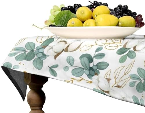 Cotton Flowers Tablecloth, Watercolor Summer Green Golden Eucalyptus Leaves Floral Print Table Cloth for Outdoor Picnic Home Dining Kitchen Table Decor 60x90in