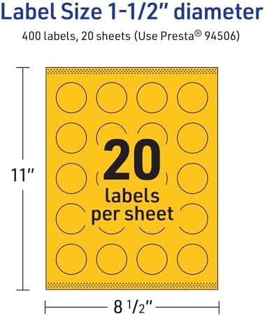 Avery Printable Round Labels, Sure Feed Technology, 1-1/2" Diameter, Bright Yellow Labels, Print-to-The-Edge, Laser/Inkjet Printable, 400 Total, Great for Stickers and Candles