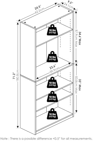 Furinno JAYA Book Shelf, 5-Tier Bookshelf, Bookcase with Adjustable Shelves, 9.5" x 24.5" x 71.2", for Organization and Storage, for Living Room, Bedroom, Home Office, Amber Pine