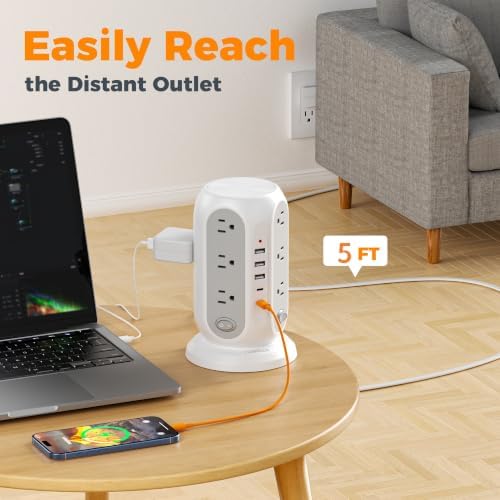 TESSAN Tower Power Strip Surge Protector, Flat Extension Cord 5 Ft, Grey