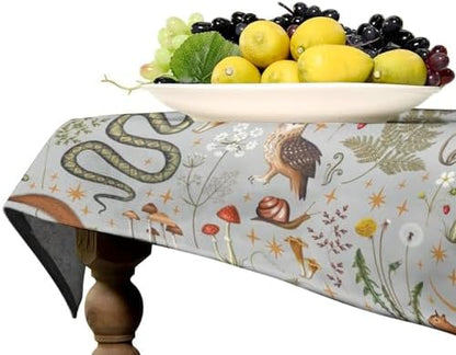 Woodland Animal Tablecloth, Grey Country Forest Hare Squirrel Owl Snake Snail Flowers Mushroom Print Table Cover for Picnic Party Holiday Home Kitchen Dining Table Decor 60x90in
