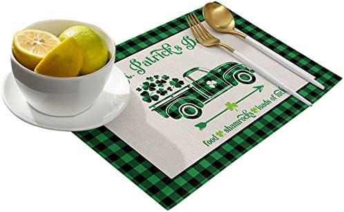 St. Patrick's Day Placemats Set of 6, Farm Buffalo Plaid Truck Shamrock Clover Cotton Linen Heat Resistant Table Mats Washable Spring Holidays Decorations For Kitchen Dining Table Green Black