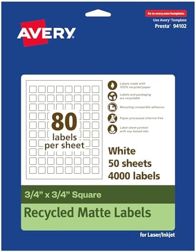 Avery EcoFriendly Matte White Recycled Square Labels, 3/4" x 3/4", Print-to-The-Edge, Matte White Labels, Permanent Adhesive, Laser/Inkjet Printable, 4,000 Total