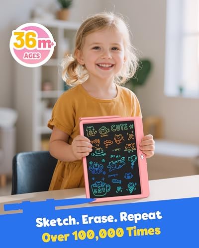 TEKFUN 12 Inch LCD Writing Tablet for Kids, Coloring Drawing Pad, Mess Free Doodle Board, Airplane Travel Toys for Boys and Toddlers, Road Trip Essentials, Gifts for 3 4 5 6 7 8 Year Old Girls(Pink)