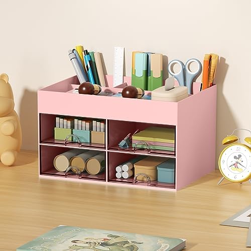 Marbrasse Pen Organizer with 4 Drawer, Multi-Functional Pencil Holder for Desk, Desk Organizers and Accessories with 4 Compartments + Drawer for Office Art Supplies (pink)