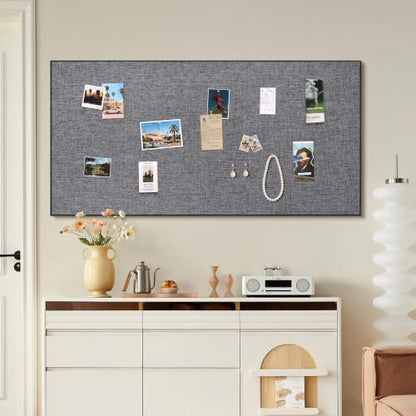 SELEAD Linen Bulletin Board 48” x 24” - Black Aluminum Frame, Grey Fabric