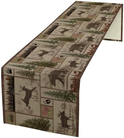 Rustic Bear Table Runner, Retro Vintage Bear Country Style Cabin Cottage Pine Tree Dinner Table Decoration for Home Kitchen Dining 13"x60"