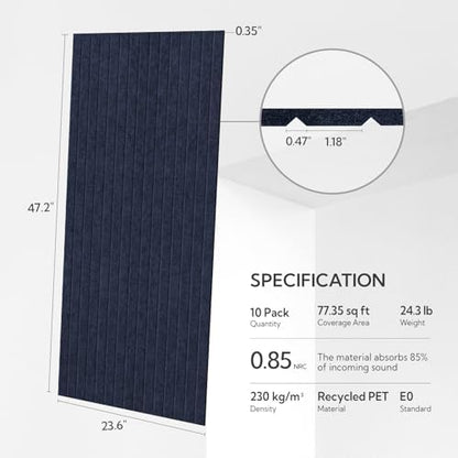 Olanglab Acoustic Wall Panels, 10 Pack, 48" x 24", Dark Blue