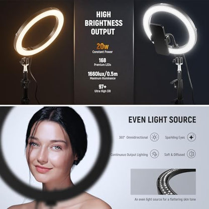NEEWER 10" 20W High Power LED Ring Light for Phone with 71" Tripod Stand, Bi Color Ringlight, Phone Holder Compatible with iPhone for Video Recording Selfie Makeup Studio Live Streaming TikTok, RH10B