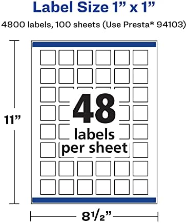 Avery® Printable Durable White Square Labels, Sure Feed® Technology, 1" x 1", Print-to-the-Edge, Waterproof Labels, Laser & Pigment-Based Inkjet Compatible, 4800 Total
