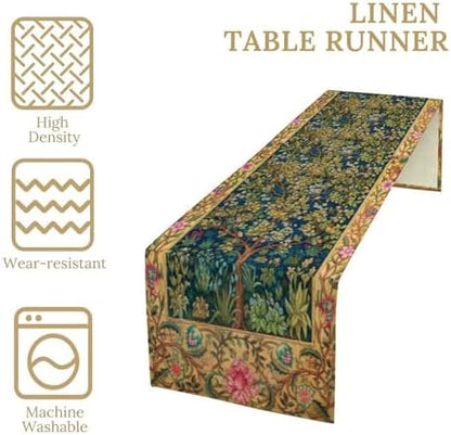 William Morris Table Runner, Boho Rustic Ethnic Tree of Life Flower Original Design Print Table Runner for Home Party Dining Room Kitchen Decor 13x90 Inch