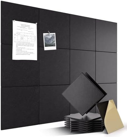 Large Felt Bulletin Board 48" x 36" Self Adhesive Cork Board Alternative 12 Pack Felt Wall Tiles Cork Boards For Walls Thick Slat Wall Panels For Home Office Classroom Decor Pin Board-Black