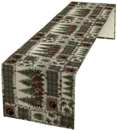 Vintage Rustic Cabin Moose Deer Bear Table Runner, Retro Bear Cottage Country Style Cabin Farmhouse Dinner Runner for Home Kitchen Dining Table Decoration 13"x70"