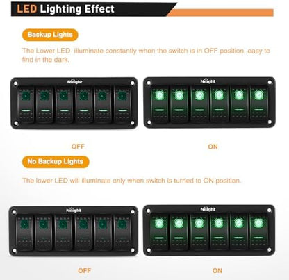 Nilight 6 Gang Rocker Switch Panel SPST On Off 5PIN Electrical Toggle Green