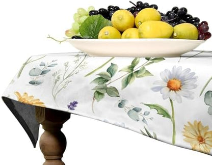 Watercolor Wildflowers Tablecloth, Summer Daisy Lavender Eucalyptus Branches Leaves Print Table Cover for Tea Party Weddings Indoor Outdoor Dining 60x110in