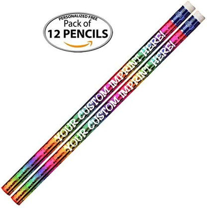 Express Pencils™ Personalized Custom Round Pencils/Glitz & Glitter Foil/Full Color Print w/your name, message, text or logo -Customizable - Made in USA - Great Gift Ideas -12/Set (RAINBOW PRISM)