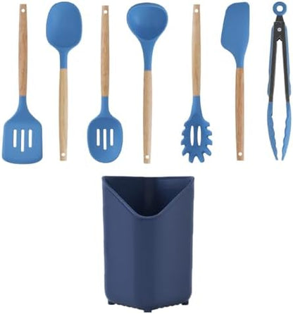 Glad Silicone Kitchen Utensils Set, 8pcs - Nonstick Cooking Tools with Wooden Handles and Utensil Holder - Spatula Set with Turner, Ladle, Spoons, Tongs, and Spaghetti Server - Blue
