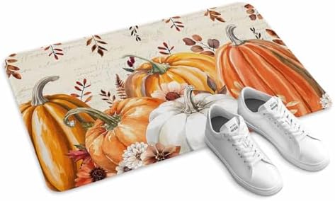 Fall Door Mat Harvest Pumpkin Doormat Orange Flower Eucalyptus Leaves Beige Harvest Thanksgiving Welcome Mat Non Slip Entryway Front Rug Floor Mat for Indoor Outdoor Kitchen Autumn Holiday Decor 20x32