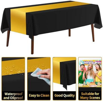 CXPSINC 54 Inch X 300 Feet Plastic Table Cover Roll Disposable Tablecloth with Slide Cutter for All Type/Shape Tables | Party, Banquet, Birthdays, Weddings(Black & Glod,300 Feet)