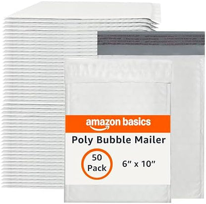 Amazon Basics Poly Bubble Self-Seal Mailers, Tear and Water Resistant Shipping Bags, 6" x 10", White/Grey, 50-Pack