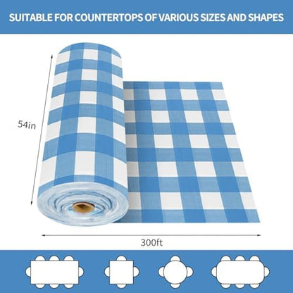 CXPSINC 54 Inch X 300 Feet Plastic Table Cover Roll Disposable Tablecloth with Slide Cutter for All Type/Shape Tables | Party, Banquet, Birthdays, Weddings(Blue Checkered, 300 Feet)