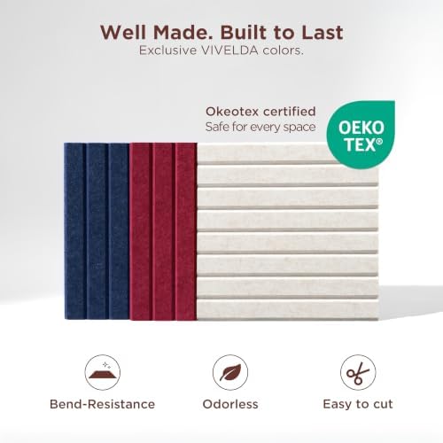 VIVELDA Large Felt Bulletin Board 48 x 36 Inch - 12-Pack Square Acoustic Wall Panels, Cork Board Alternative, NRC 0.95, Damage-Free Adhesive, Slatted Design for Home, Classroom (Limestone)