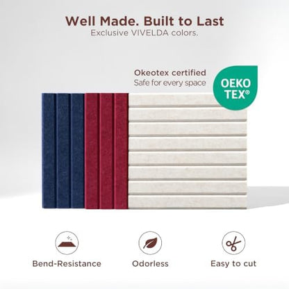 VIVELDA Large Felt Bulletin Board 48 x 36 Inch - 12-Pack Square Acoustic Wall Panels, Cork Board Alternative, NRC 0.95, Damage-Free Adhesive, Slatted Design for Home, Classroom (Limestone)