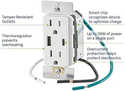 Leviton T5634-I 60W (20V@2.5A+ 5V@2A) USB Dual Type A/Type-C Power Delivery in-Wall Charger with 15A Tamper-Resistant Outlet, USB Charger for Smartphones, Tablets, Laptops, Ivory