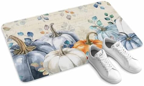 Fall Door Mat Blue Pumpkin Doormat Eucalyptus Leaves Branch Harvest Thanksgiving Welcome Mat Non Slip Rubber Entryway Front Rug Floor Mat for Indoor Outdoor Kitchen Autumn Holiday Home Decor 16x24