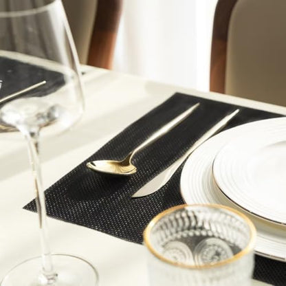 Placemats Set of 12 Vinyl/Plastic Woven Place Mats for Kitchen Table Indoor/Outdoor Washable Placemat Wipeable Dining Table Mats (Full Black,12)