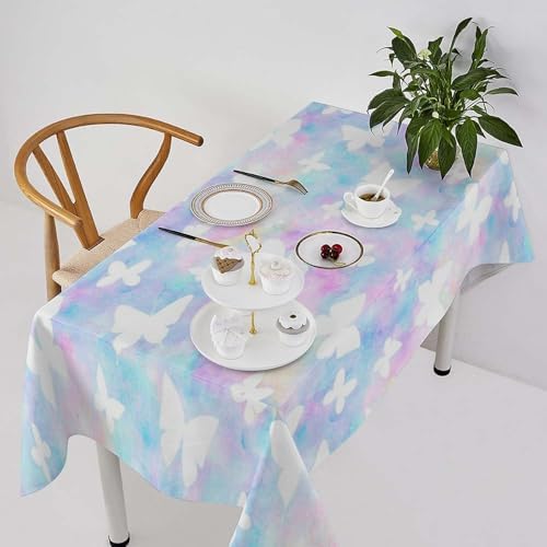Rainbow Butterfly Tablecloth, Colorful Pink Blue White Butterflies Cartoon Print Table Cover for Farmhouse Kitchen Dining Room Table Decor 55x75in