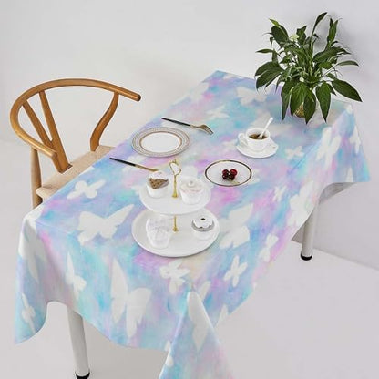 Rainbow Butterfly Tablecloth, Colorful Pink Blue White Butterflies Cartoon Print Table Cover for Farmhouse Kitchen Dining Room Table Decor 55x75in