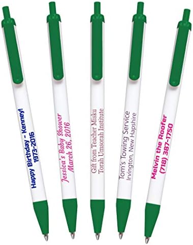 USA Made, Personalized Writing Ink Ballpoint Novelty Pens, Custom Printed with Your Logo & Text (Pack of 250 White Pens with Dark Green Trim)