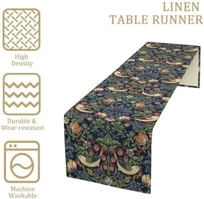 William Morris Blue Strawberry Thief Floral Table Runner Vintage Botanical Flowers Table Runner for Dining Table Decor 13 x 60 Inch