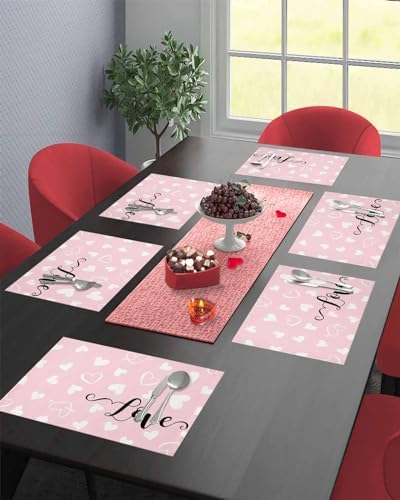 Pink Valentine's Day Placemats Set of 4, Valentines Love Heart Heat Resistant Washable Table Place Mats Cotton Table Linens Party Holiday Decorations for Home Kitchen Dining Table Outdoor Indoor,