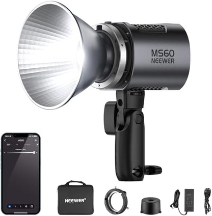 NEEWER MS60 LED Video Light with 2.4G/APP Control, 65W 5600K Daylight Mini COB Continuous Output Lighting, 40000lux/1m, CRI 97+/TLCI 98+, 9 Scenes, 0-100% PWM Dimming, Bowens Mount Adapter