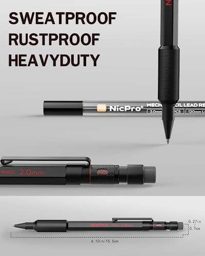 Nicpro 2mm Metal Mechanical Pencils Set with Case, 3 Pack Black