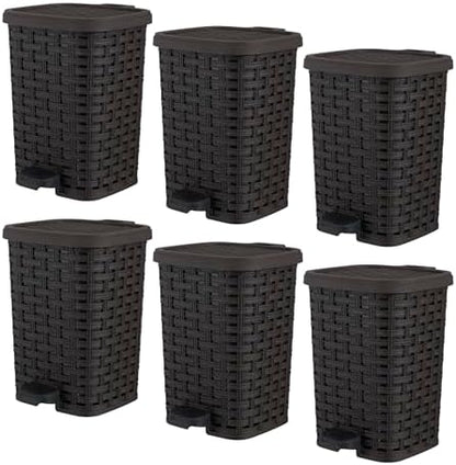 Superio Mini Trash Can with Foot Pedal Small Outdoor Garbage Can with Lid, 1.5 Gallon Plastic Waste Basket for Bathroom, Bedroom, Kitchen, Office, Patio (Wicker Brown 6 QT.), 6 Pack