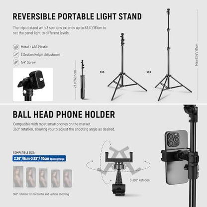 NEEWER BASICS15W 10.8" LED Video Light Panel Lighting Kit with 63" Tripod Stand/Phone Holder,Edge Lit Bi Color Dimmable Full Screen Light 816lux CRI95+ for Photography Filming Recording Streaming,L220