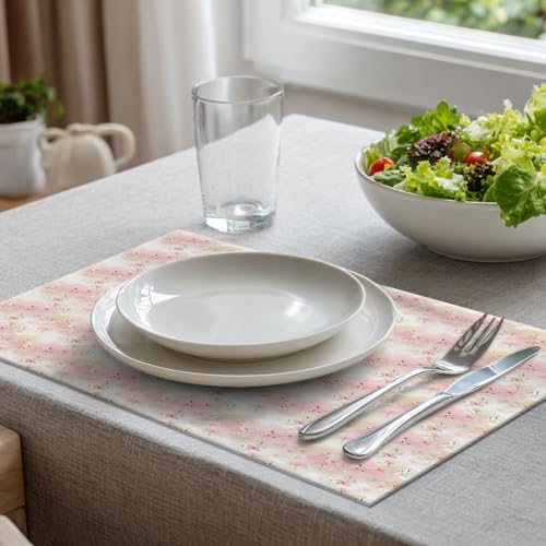 Batmerry Watercolor Cherry Blossom Linen Placemats Set of 8, Light Apricot Flowers Washable Table Mats for Kitchen Table Thickened Heat Insulation Dining Set Indoor Outdoor 12X18 in