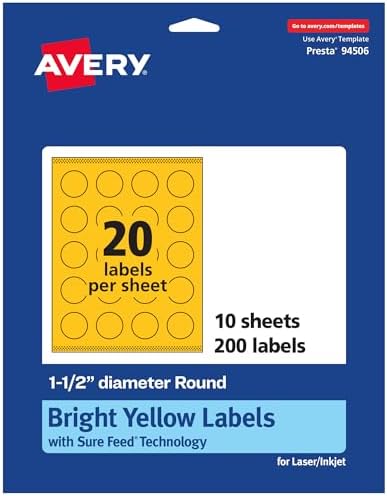 Avery Printable Round Labels, Sure Feed Technology, 1-1/2" Diameter, Bright Yellow Labels, Print-to-The-Edge, Laser/Inkjet Printable, 200 Total, Great for Stickers and Candles