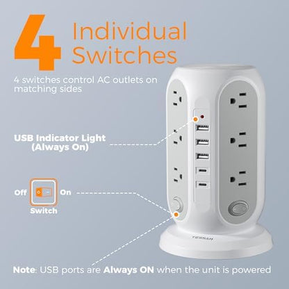 TESSAN Tower Power Strip Surge Protector, Flat Extension Cord 15 Ft, Grey