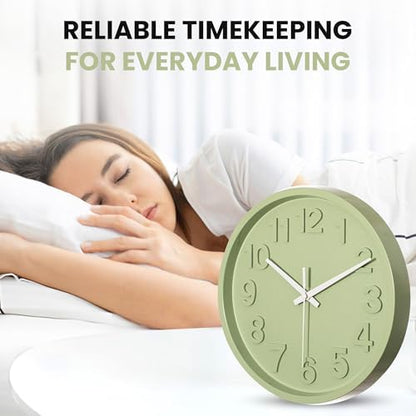Clockswise 12-Inch Modern Minimalist Round Plastic Wall Clock Green Dial with Bold Arabic Numerals Analog Display Step Movement Easy-to-Read Timepiece for Living Room Kitchen Office Bedroom Wall Decor