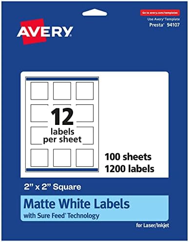 Avery® Matte White Square Labels, Sure Feed® Technology, 2" x 2", 1,200 Matte White Printable Labels