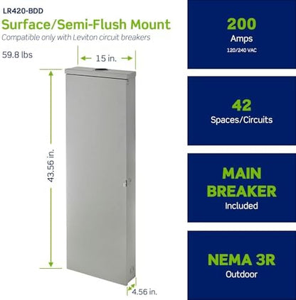 Leviton 42 Space Outdoor Load Center with 200A Main Circuit Breaker, LR420-BDD